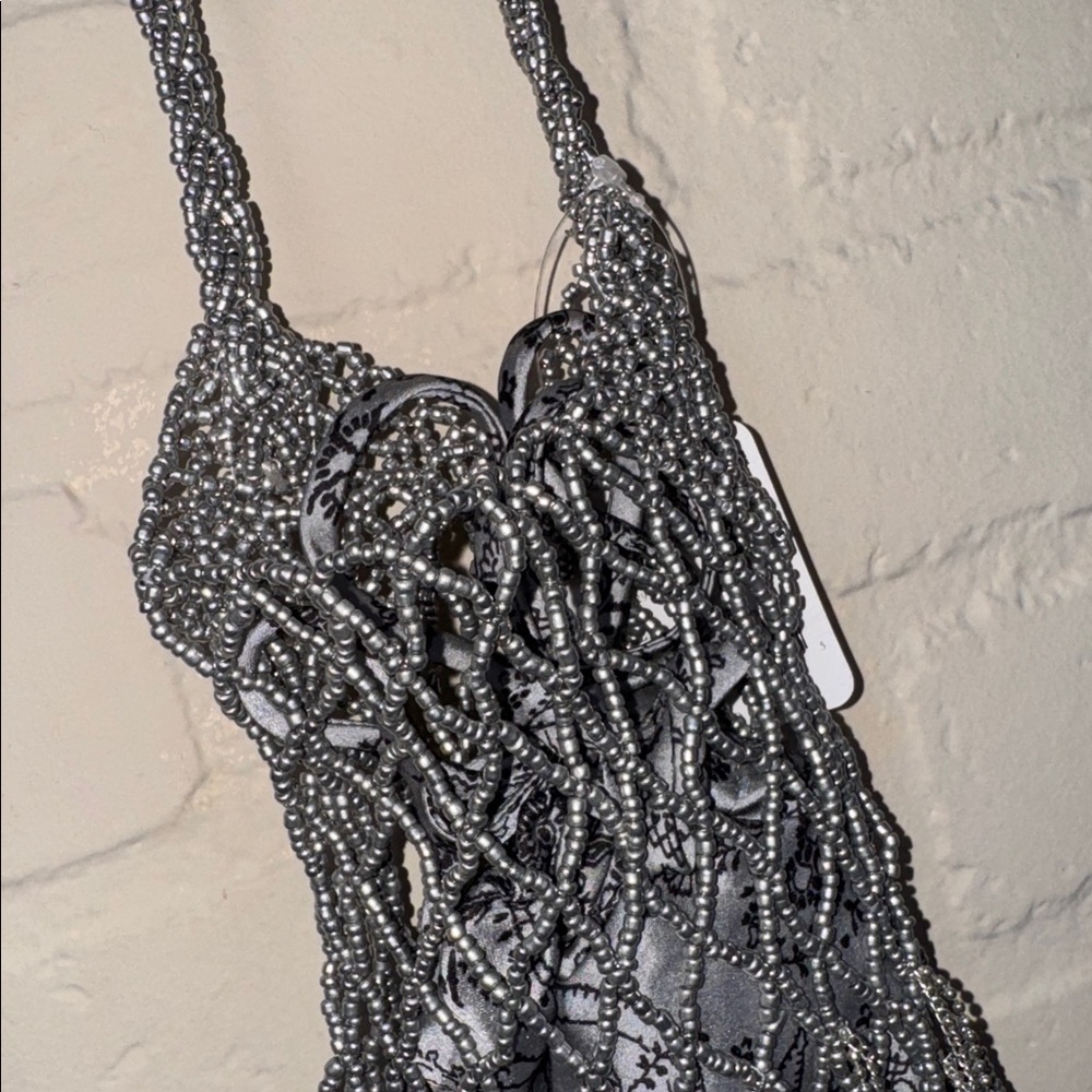 Free People purse Silver pewter Hayes Shoulder Bag NEW Beaded netting - Picture 4 of 7